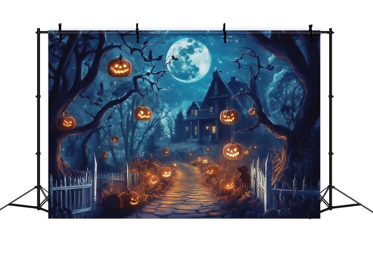 Halloween-Fotohintergrund Im FreienMondbeschienener Kürbishausweg Halloween-Fotohintergründe RR67-61