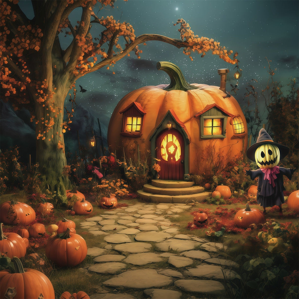 Halloween-Kürbis-Hintergrund Kürbishütte Vogelscheuche Garten Halloween-Fotohintergrund-Ideen RR67-62