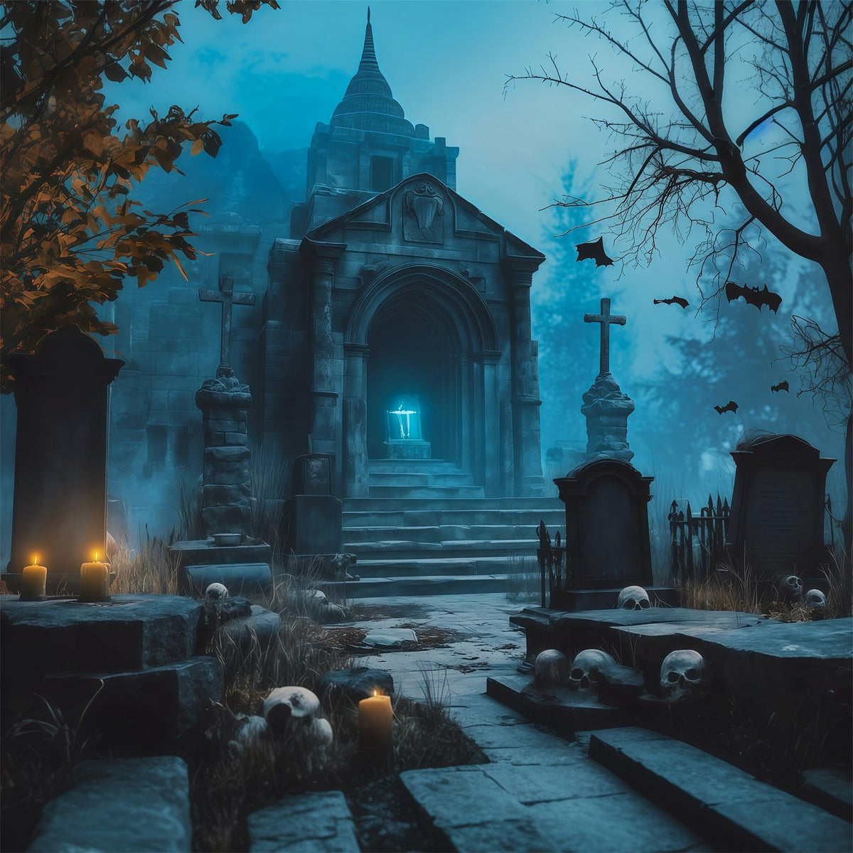 Halloween-Stoffhintergrund Blaue Krypta Kerzen Gräber Friedhof Halloween Hintergründe RR67-93