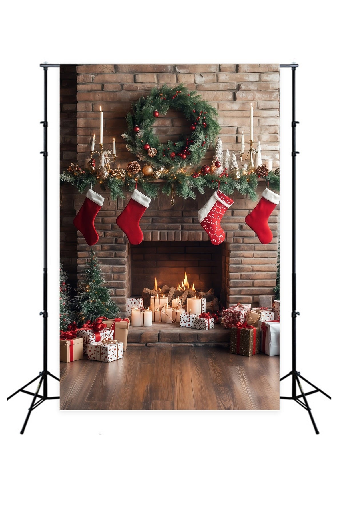 Kamin-Hintergrund Weihnachten Ziegelstein-Strümpfe-Display Weihnachtsfotohintergrund RR68-63
