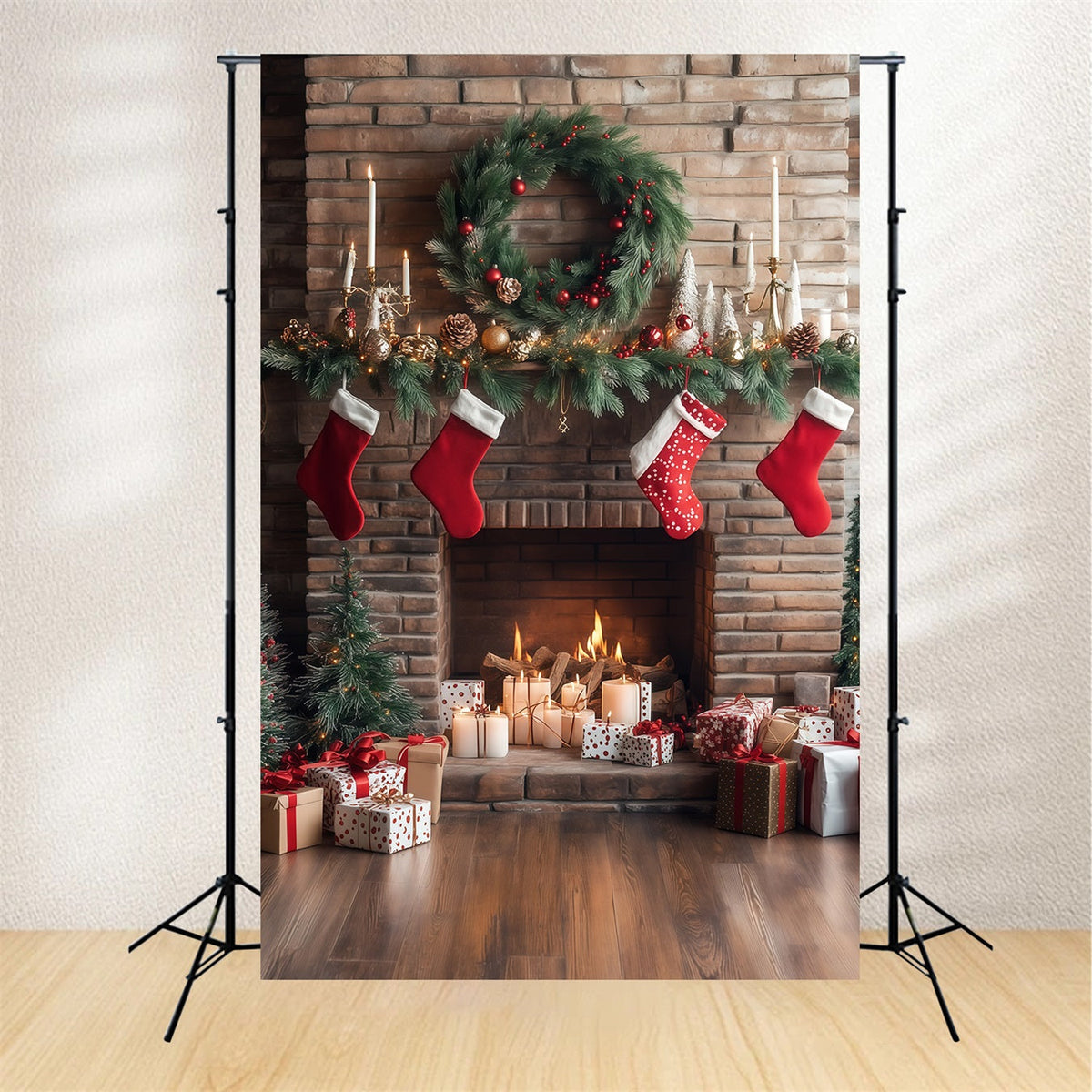 Kamin-Hintergrund Weihnachten Ziegelstein-Strümpfe-Display Weihnachtsfotohintergrund RR68-63