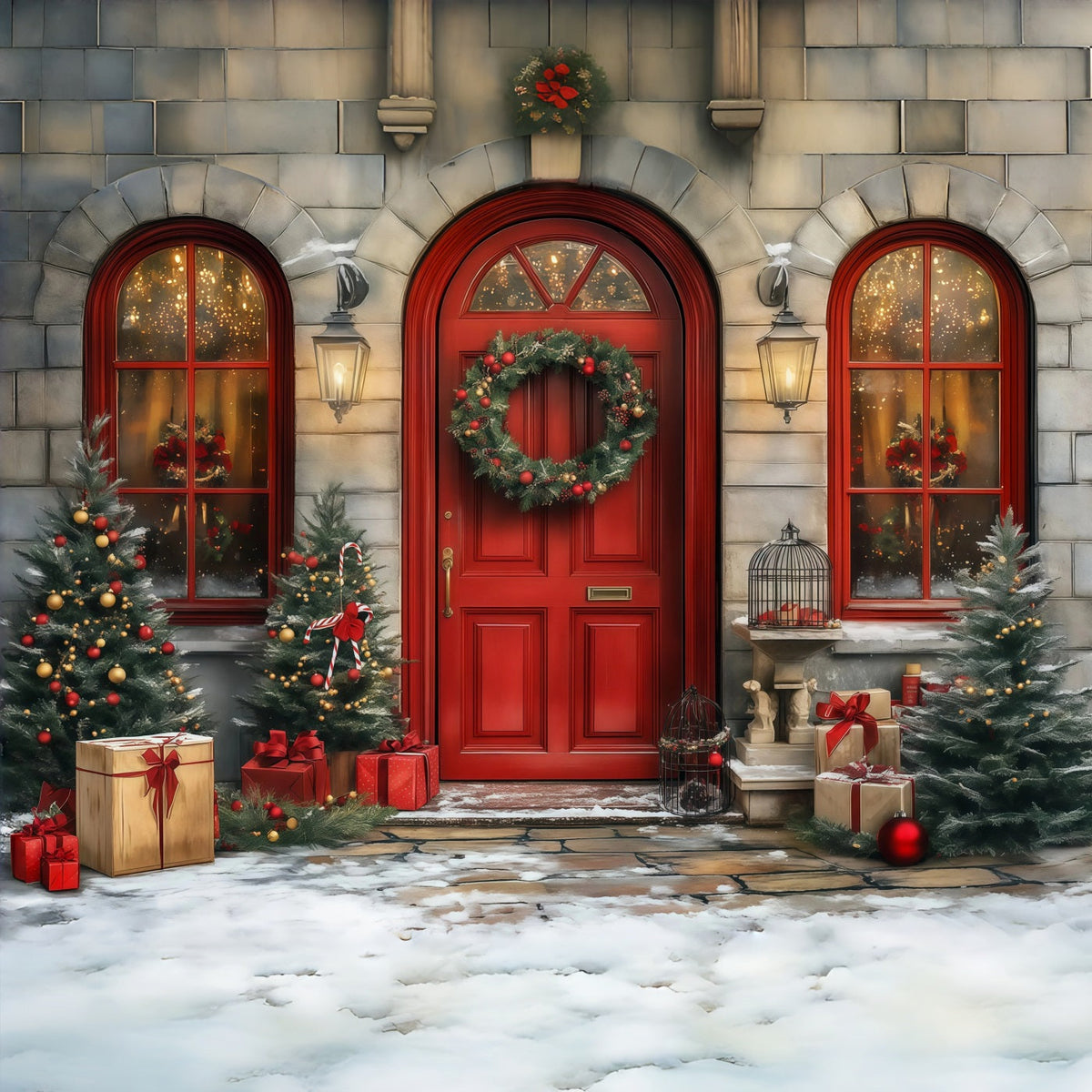 Weihnachtstür-Hintergrund Roter Türkranz Am Eingang Weihnachts-Fotohintergründe RR68-64