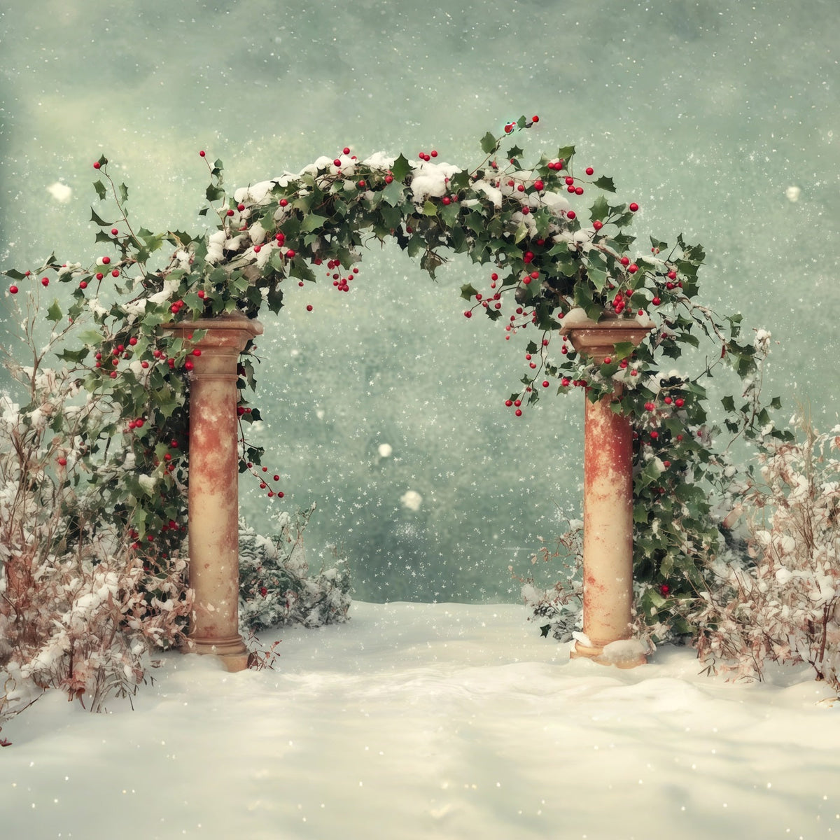 Verschneite Weihnachtskulisse Winterlicher Schnee-Stechpalmenbogen Weihnachtshintergrund RR68-65
