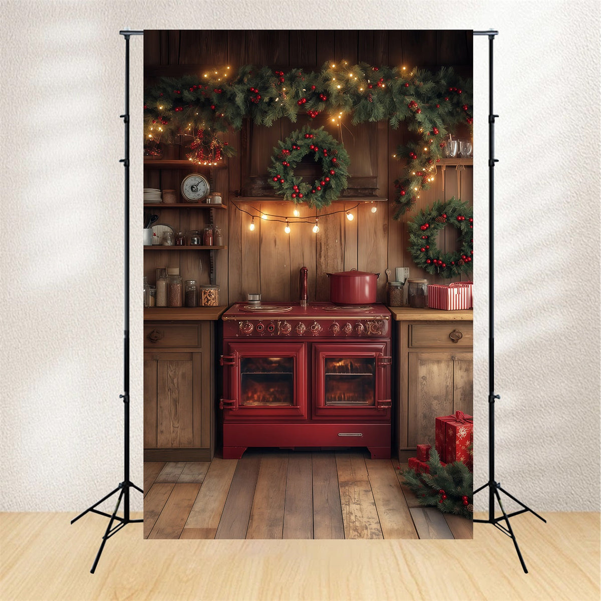 Weihnachtsküchen-Hintergrund Immergrüne Girlandendekoration Weihnachts-Fotografie-Hintergründe RR68-68