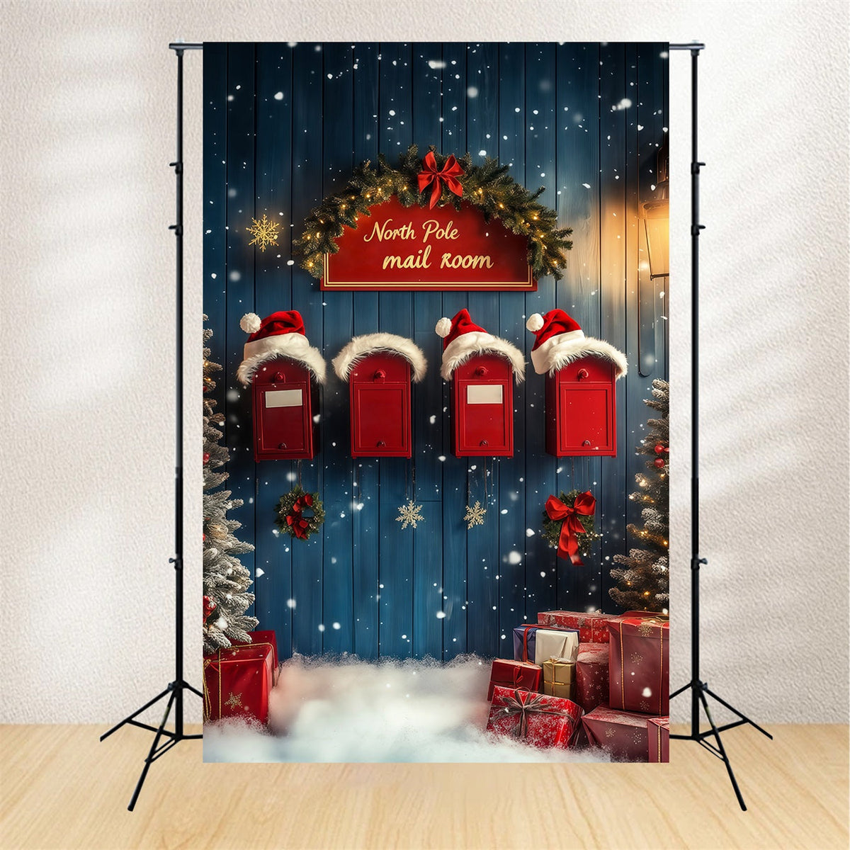 Weihnachtskulisse Nordpol Schneebedeckte Briefkastenwand Weihnachtsfotohintergrund RR68-69