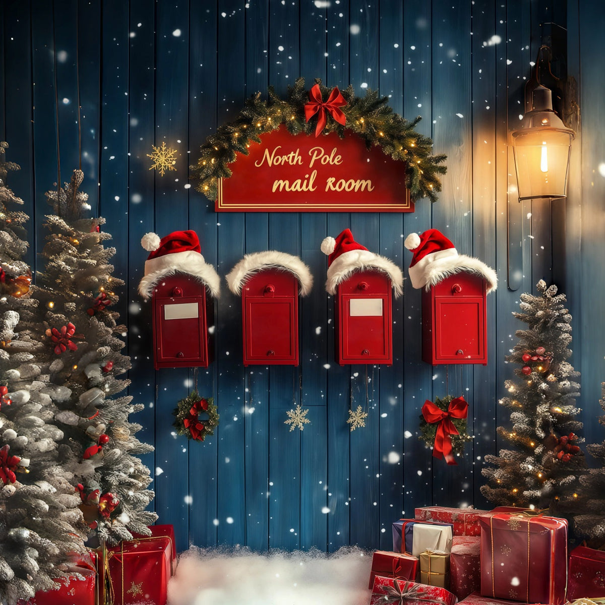 Weihnachtskulisse Nordpol Schneebedeckte Briefkastenwand Weihnachtsfotohintergrund RR68-69