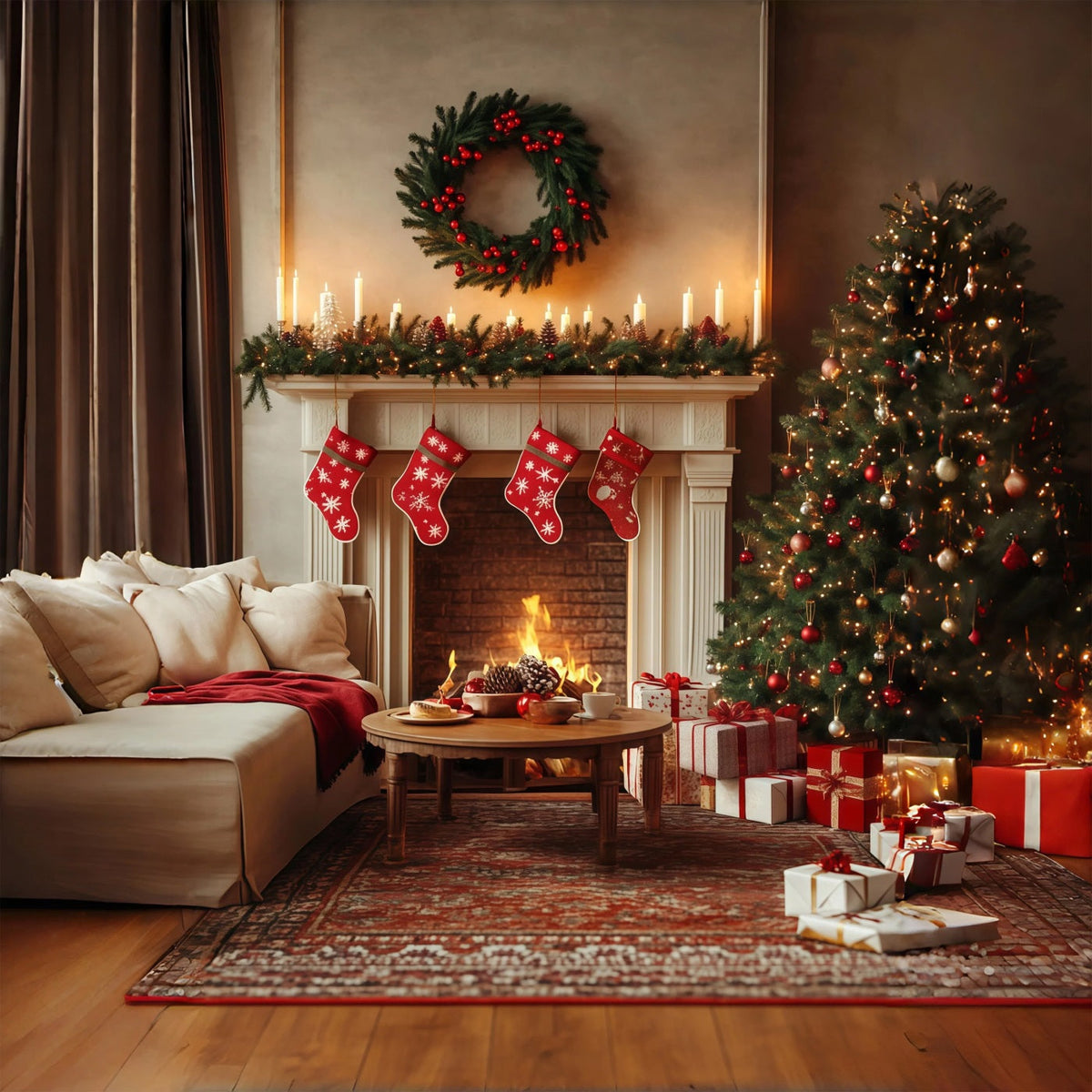 Weihnachts-Wohnzimmer-Hintergrund Gemütliche Kaminstrümpfe Große Weihnachtskulissen RR68-70