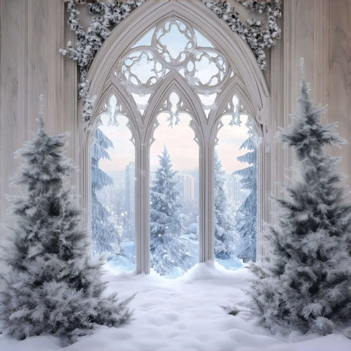 Weihnachtsschnee-Hintergrund Milchglasfenster Im Gotischen Stil Weihnachtsfotohintergrund RR68-71