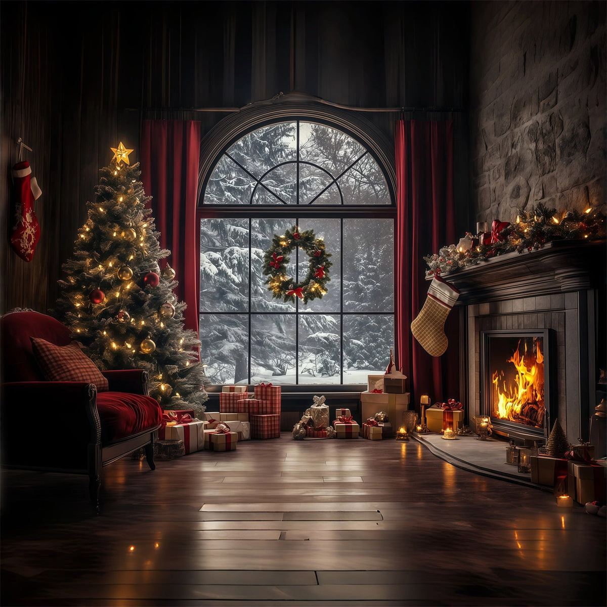Weihnachtsfenster-Hintergrund Elegantes Winterwohnzimmer Weihnachtshintergrund Für Fotografie RR68-75