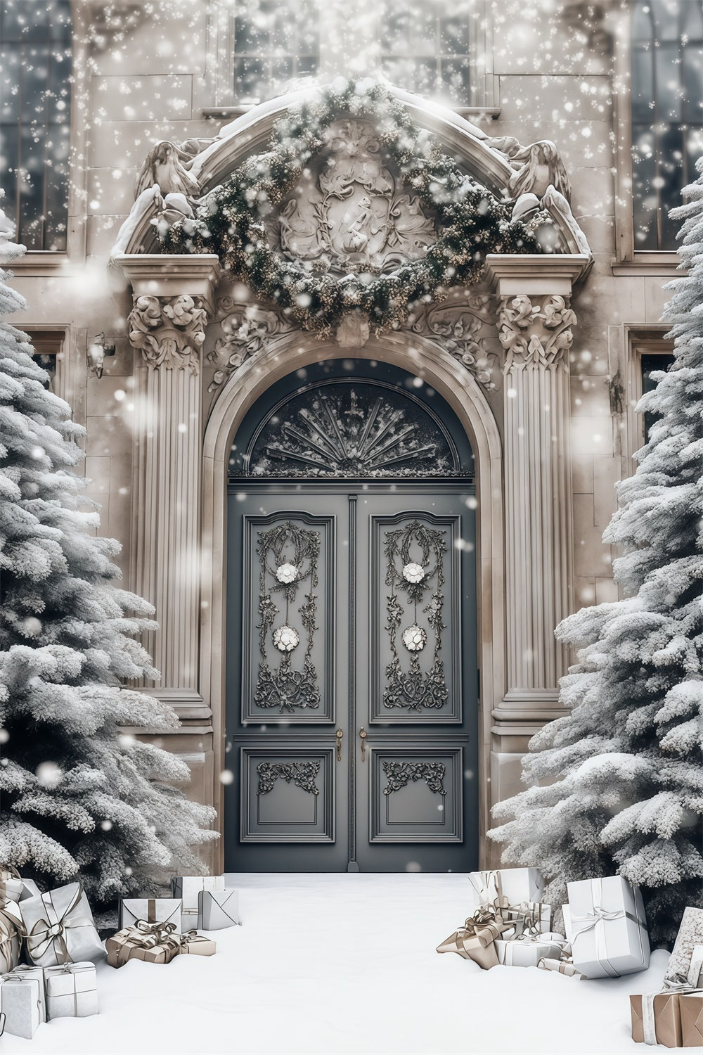 Elegante Weihnachtskulisse Türöffnung Des Verschneiten Herrenhauses Weihnachts-Fotohintergründe RR68-77