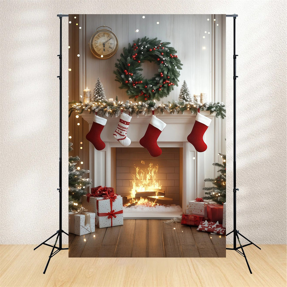 Weiße Weihnachtskulisse Gemütliche Kaminstrümpfe Weihnachts-Fotohintergründe RR68-84