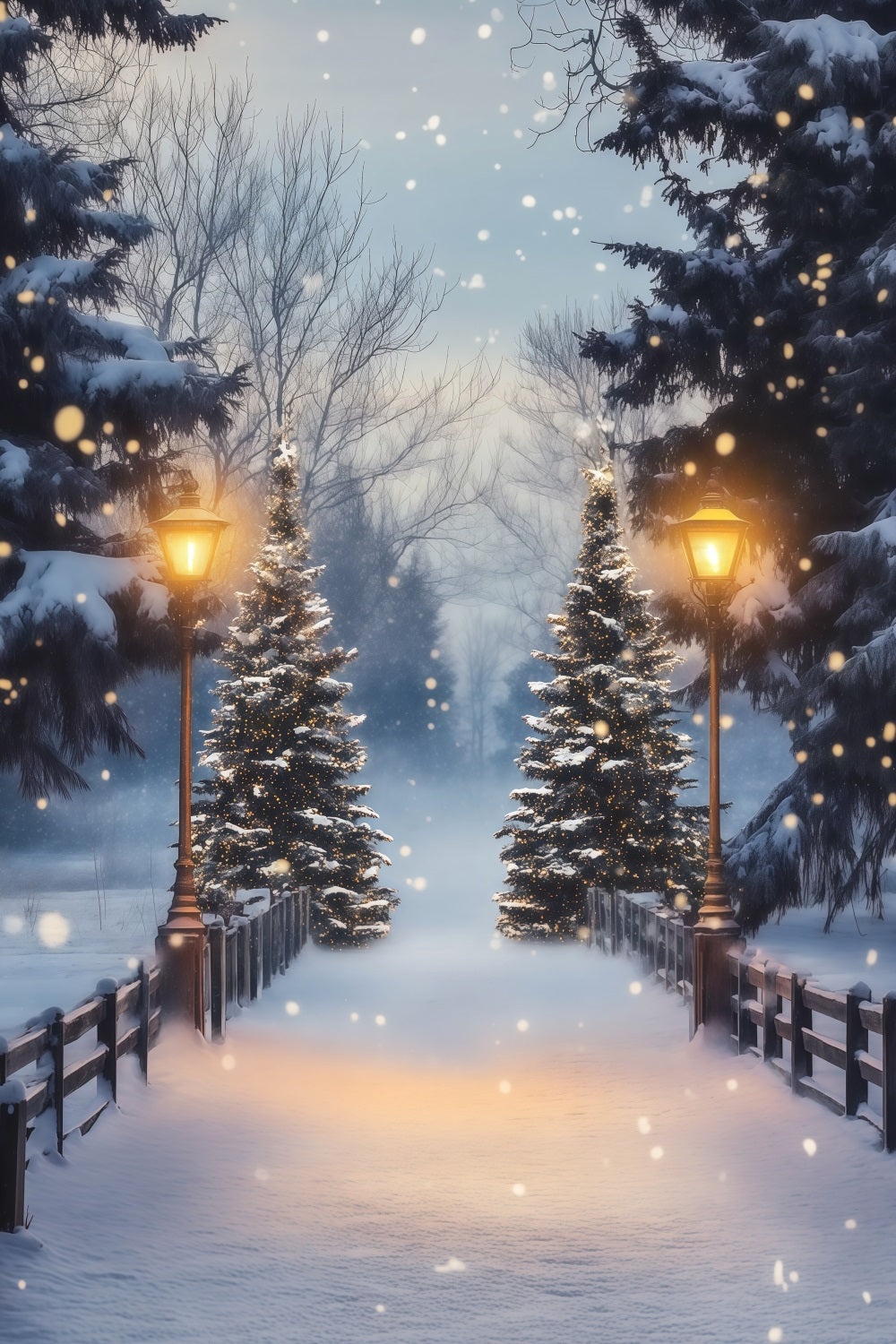 Weihnachtswald-Kulisse Schneebedeckte Kiefernlaternenbrücke Studio-Weihnachtskulisse RR68-86