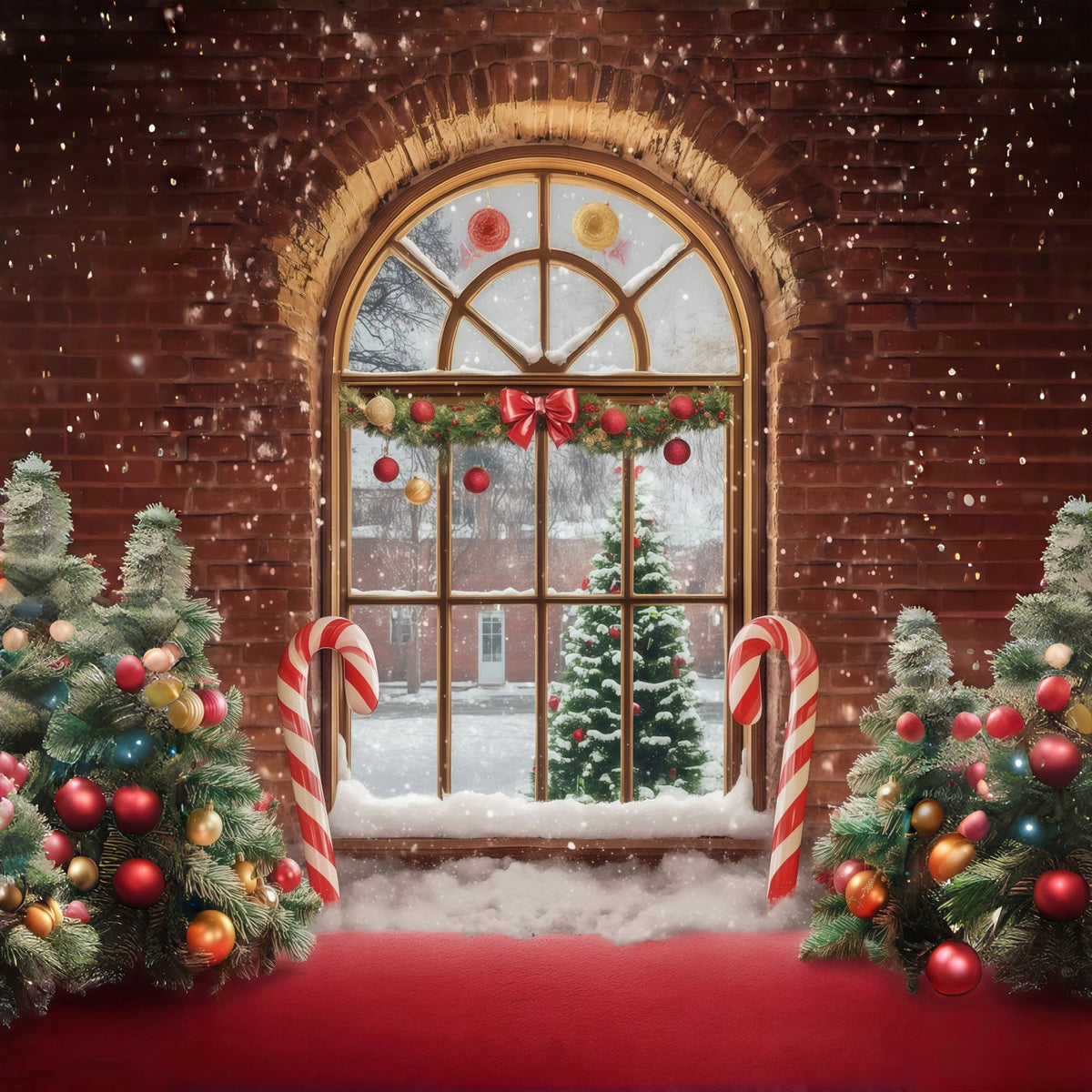 Weihnachtsfenster-Hintergrund Zuckerstangenbaum Aus Ziegelsteinen Weihnachtswand-Hintergrund RR68-88