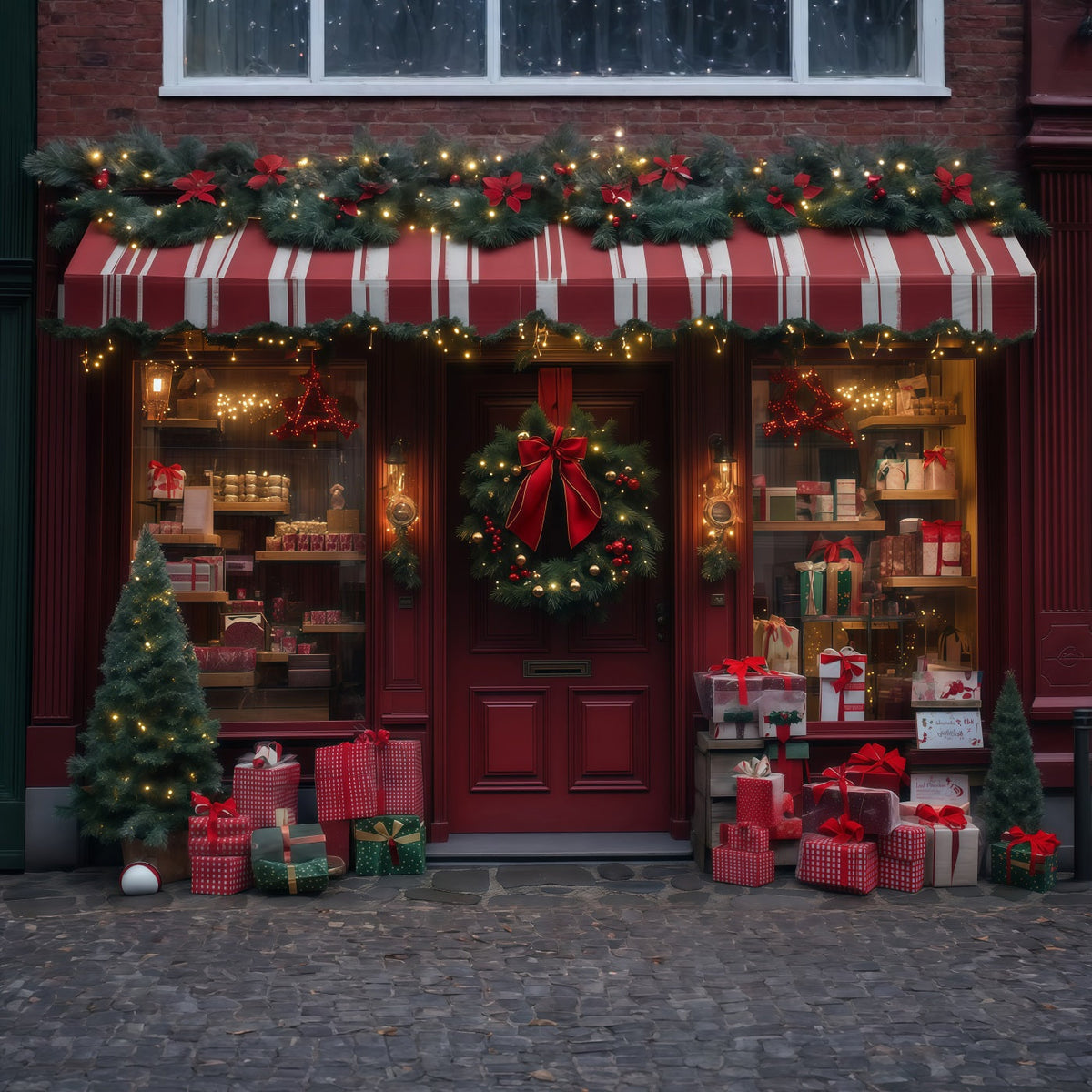 Weihnachtsladen-Hintergrund Red Wreath Geschenkladenfront Weihnachts-Musselin-Hintergrund RR68-89