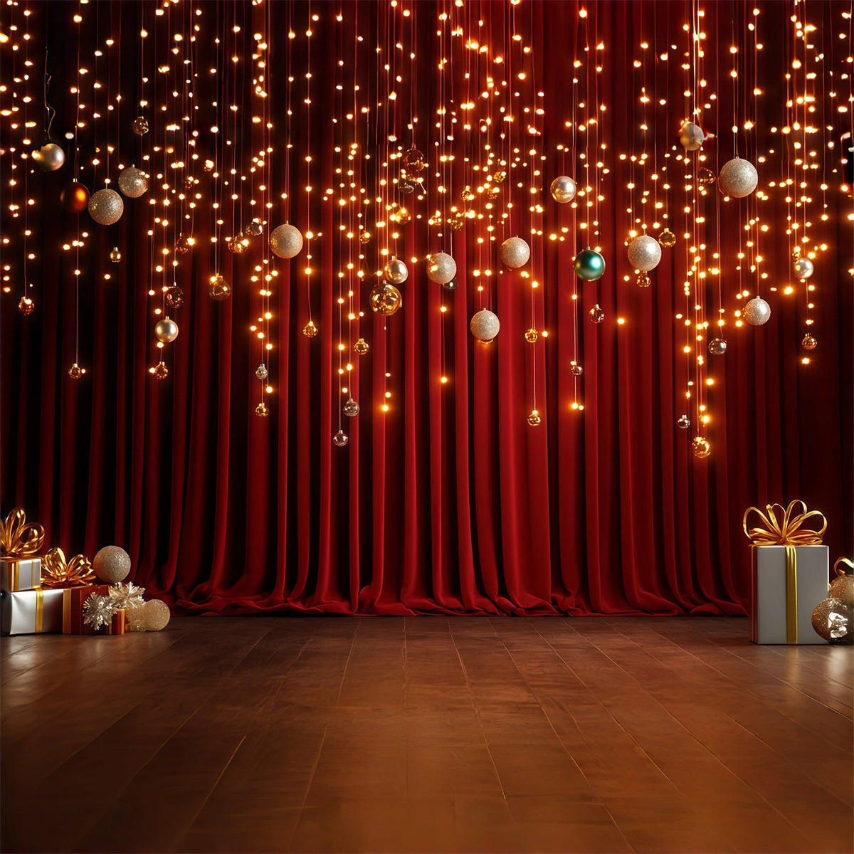 Weihnachts-Bühnenhintergründe Goldener Kugelvorhang Leuchtet Weihnachtliche Indoor-Hintergrundkulisse RR68-90
