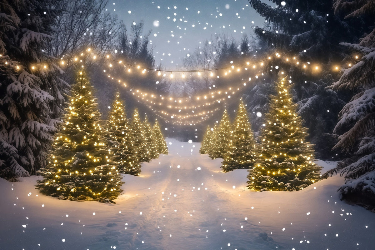 Weihnachtswunderland-Kulisse Lichtpfad Im Verschneiten Wald Weihnachtshintergründe Für Den Innenbereich RR68-91