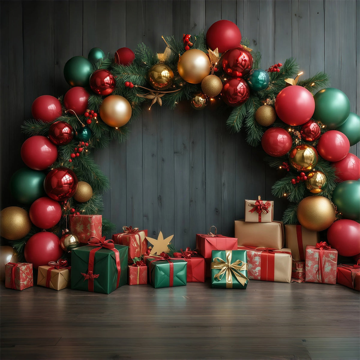 Weihnachtswand-Hintergrund Festlicher Geschenkbogen Aus Christbaumkugeln Weihnachtshintergrund Aus Musselin RR68-94