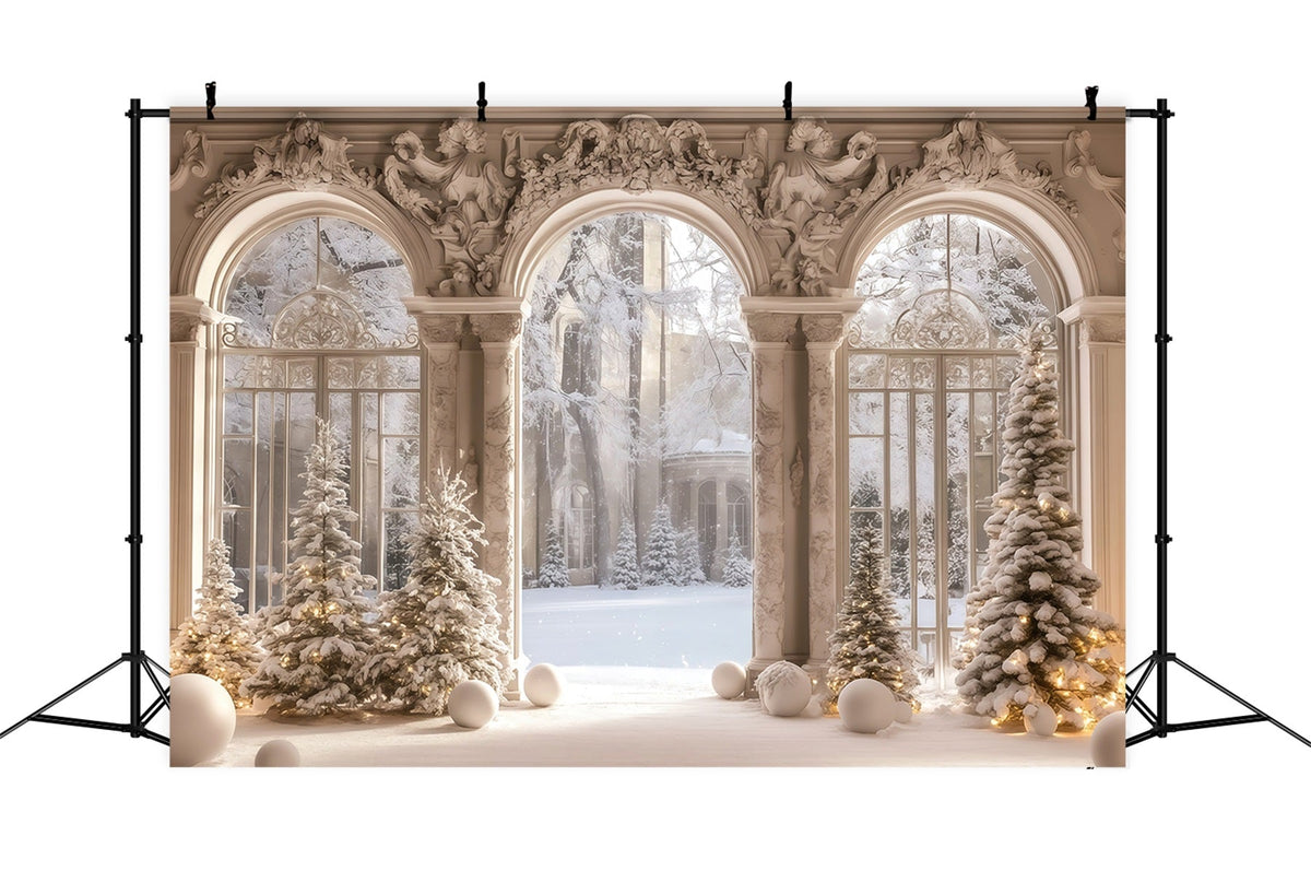 Viktorianische Weihnachtskulisse Blick Aus Dem Verschneiten Palastfenster Musselin-Hintergrund Weihnachten RR68-95
