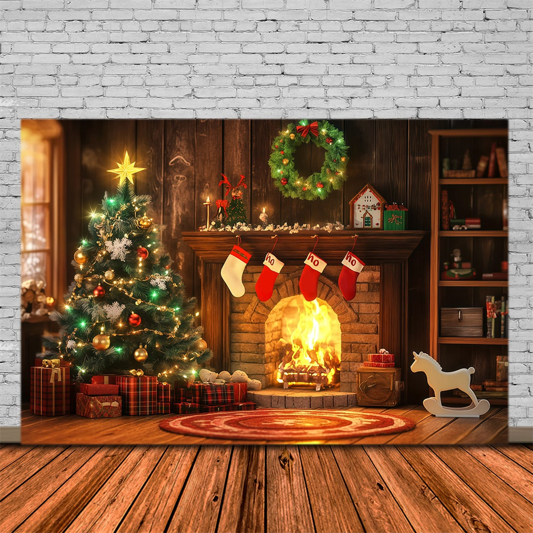 Weihnachtskamin-Hintergrund Gemütlicher Kamin-Strumpf-Glanz Weihnachtskulisse RR68-98