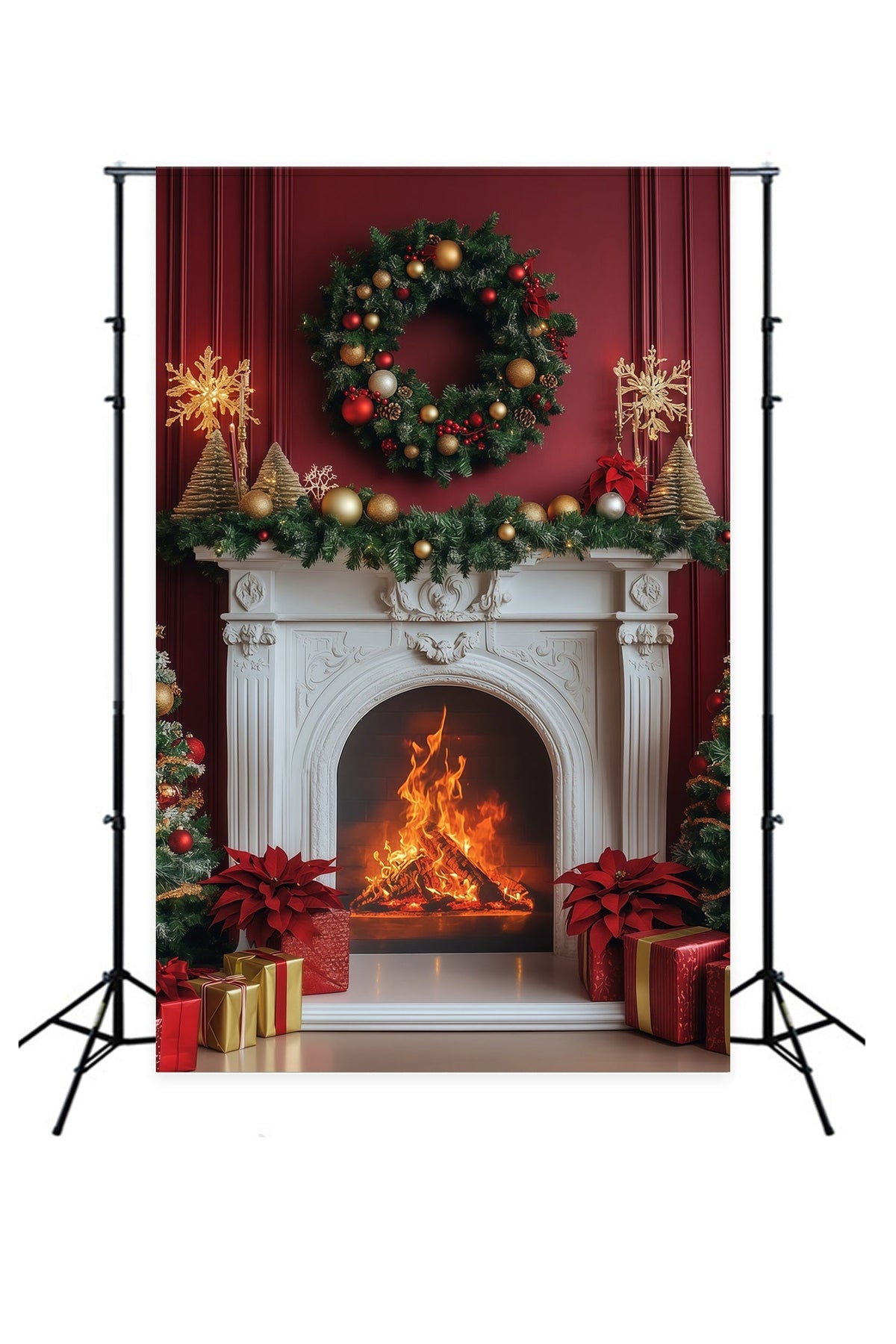 Kamin-Hintergrund Weihnachten Eleganter Purpurroter Kranz Für Den Kaminsims Weihnachtskulissen RR68-99
