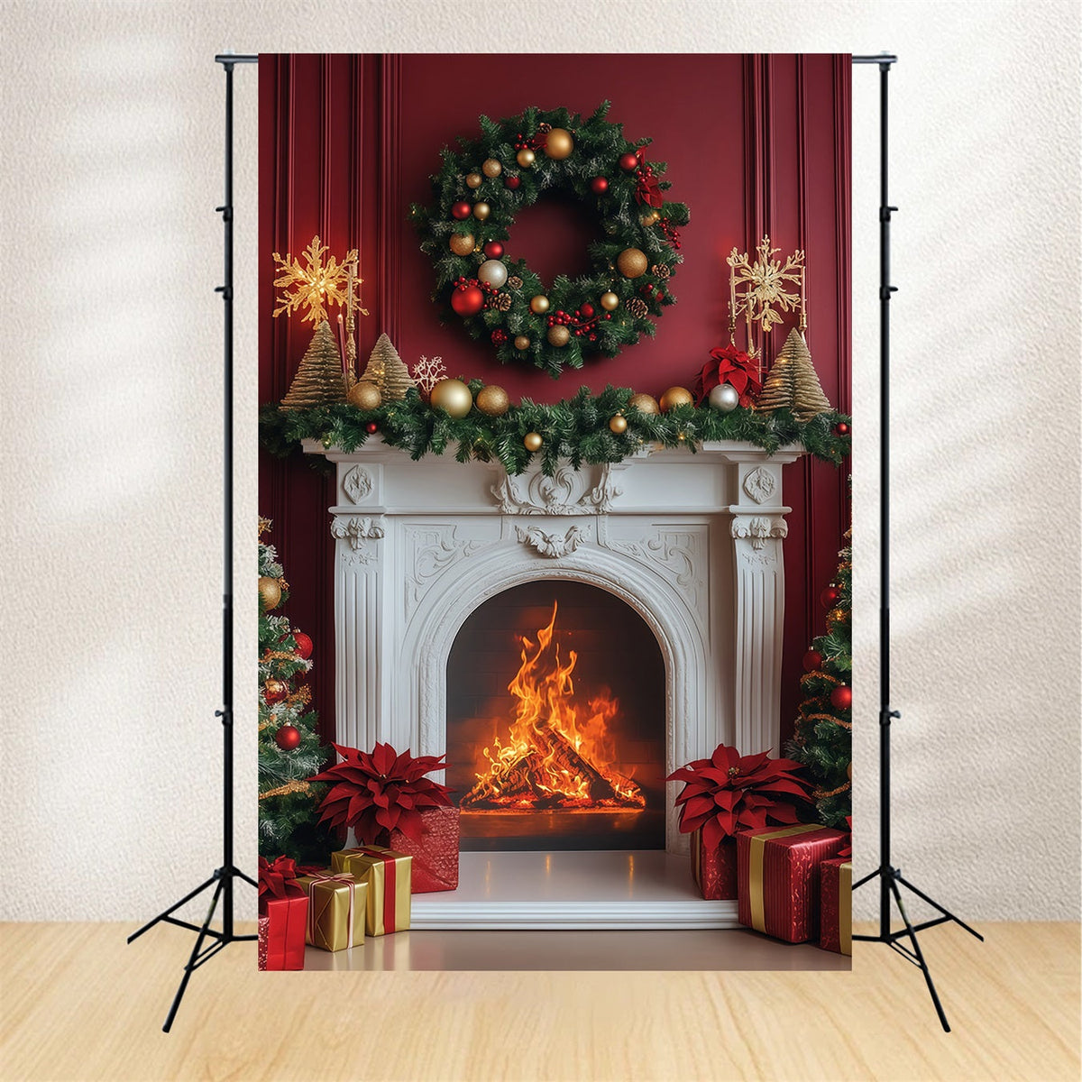 Kamin-Hintergrund Weihnachten Eleganter Purpurroter Kranz Für Den Kaminsims Weihnachtskulissen RR68-99