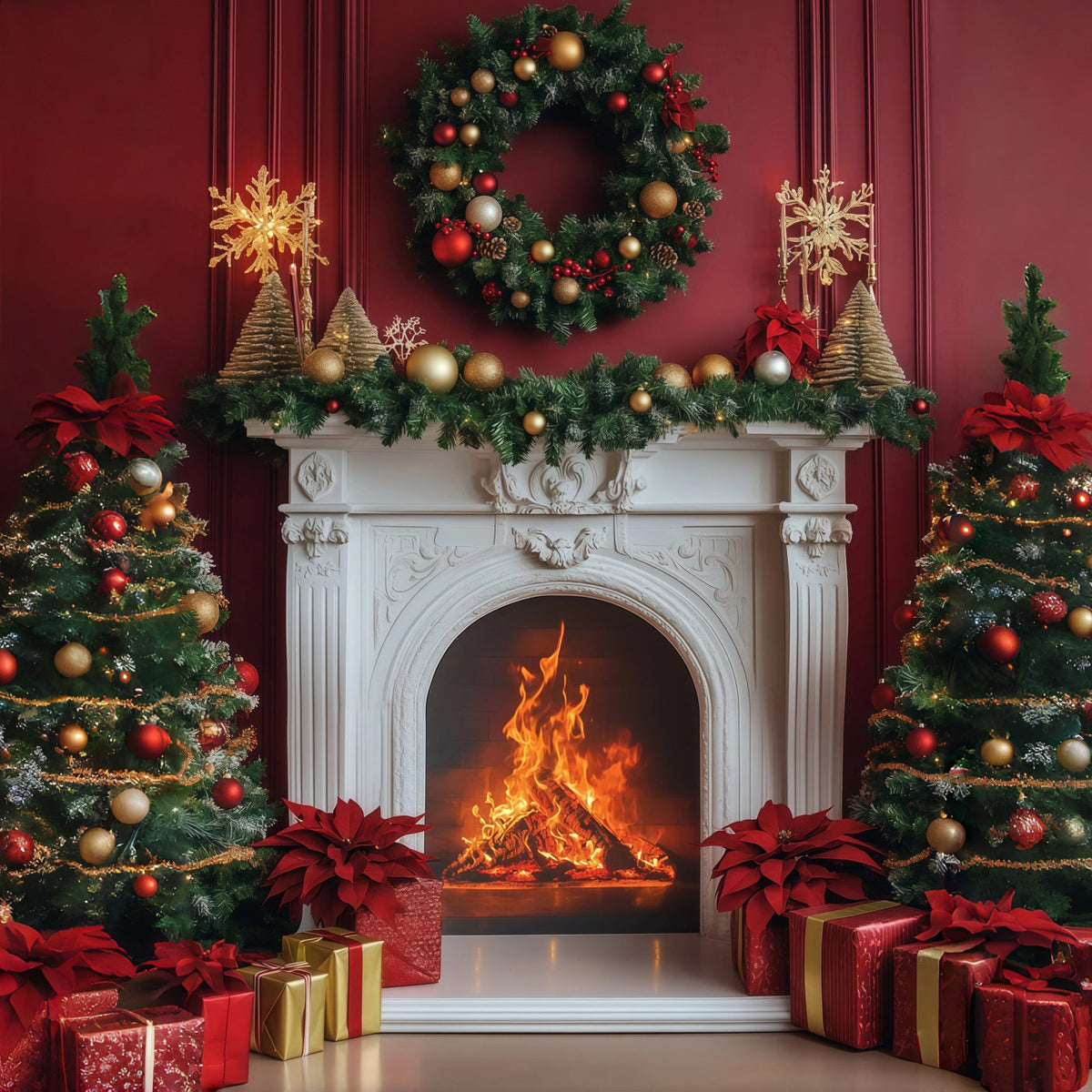 Kamin-Hintergrund Weihnachten Eleganter Purpurroter Kranz Für Den Kaminsims Weihnachtskulissen RR68-99