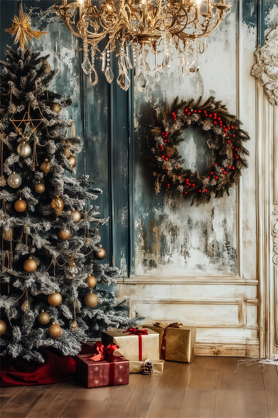 Weihnachts-Holzkulisse Eckkranz Aus Mattiertem Kronleuchter Weihnachts-Fotohintergründe RR69-1