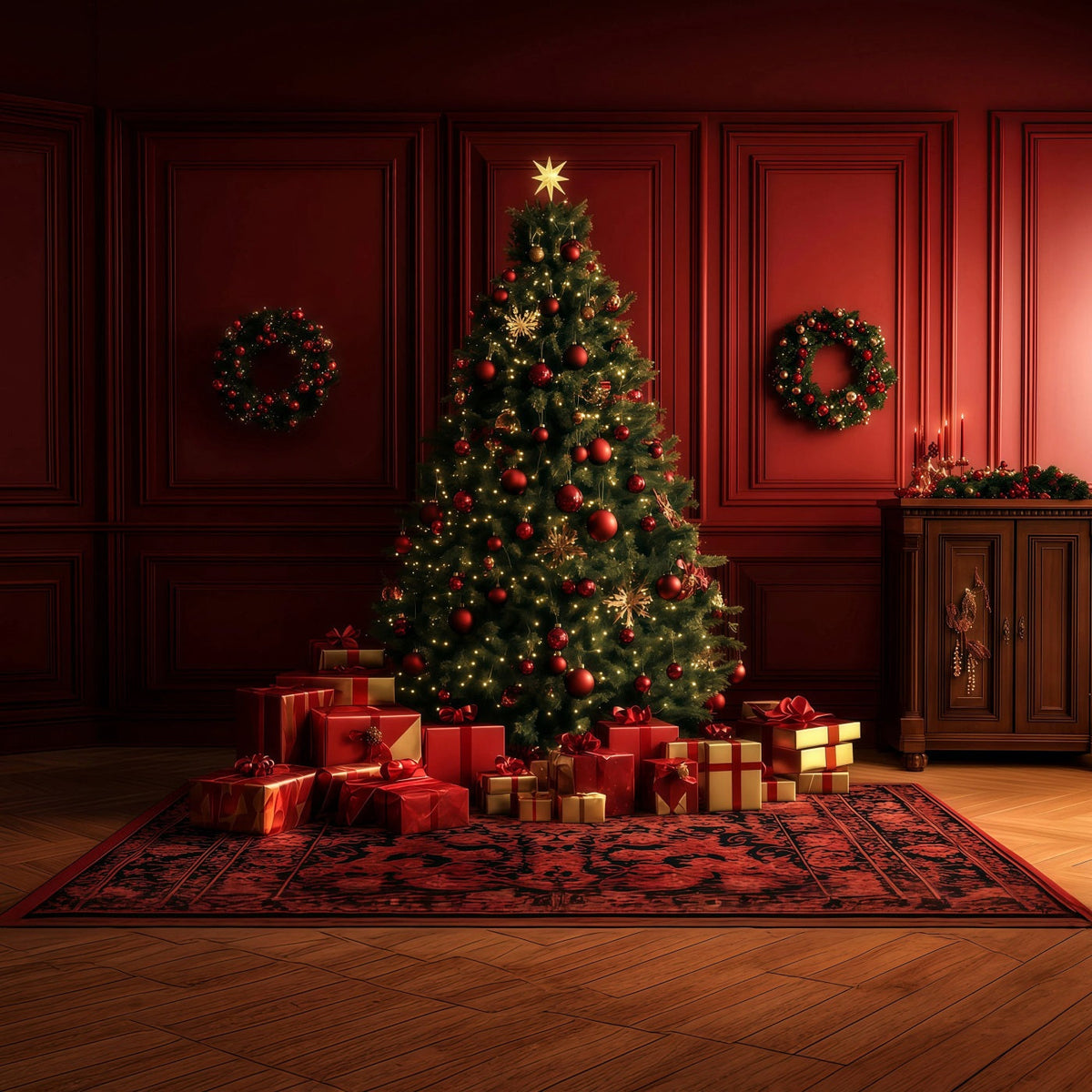 Roter Weihnachtshintergrund Geschenkezimmer Leuchtender Baum Große Weihnachtskulisse RR69-10