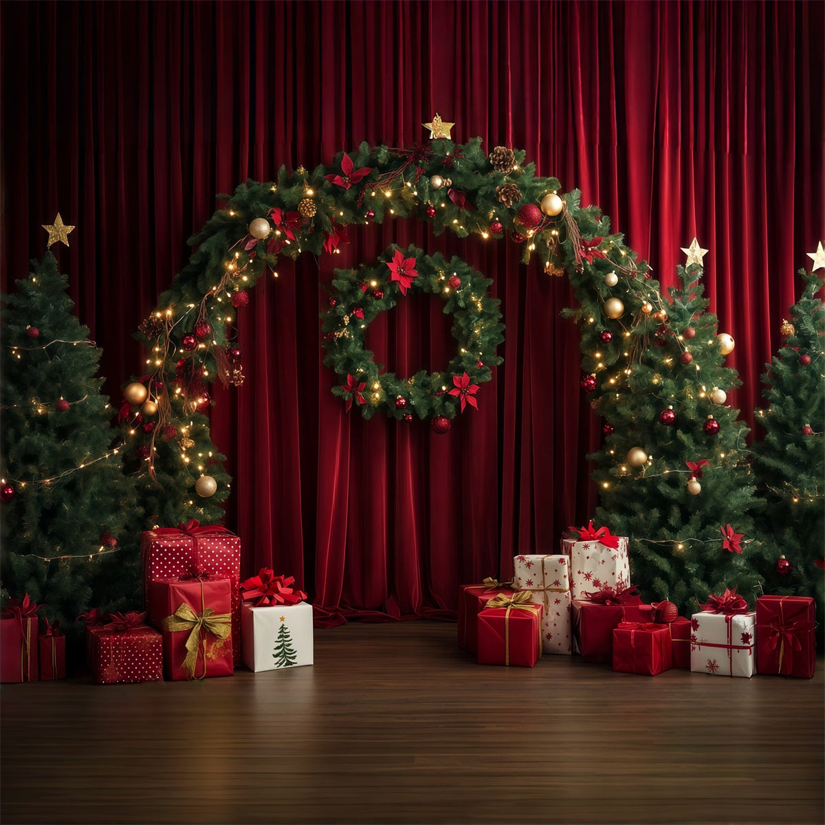 Roter Weihnachtshintergrund Vorhangkranz Girlande Bogen Große Weihnachtskulisse RR69-104