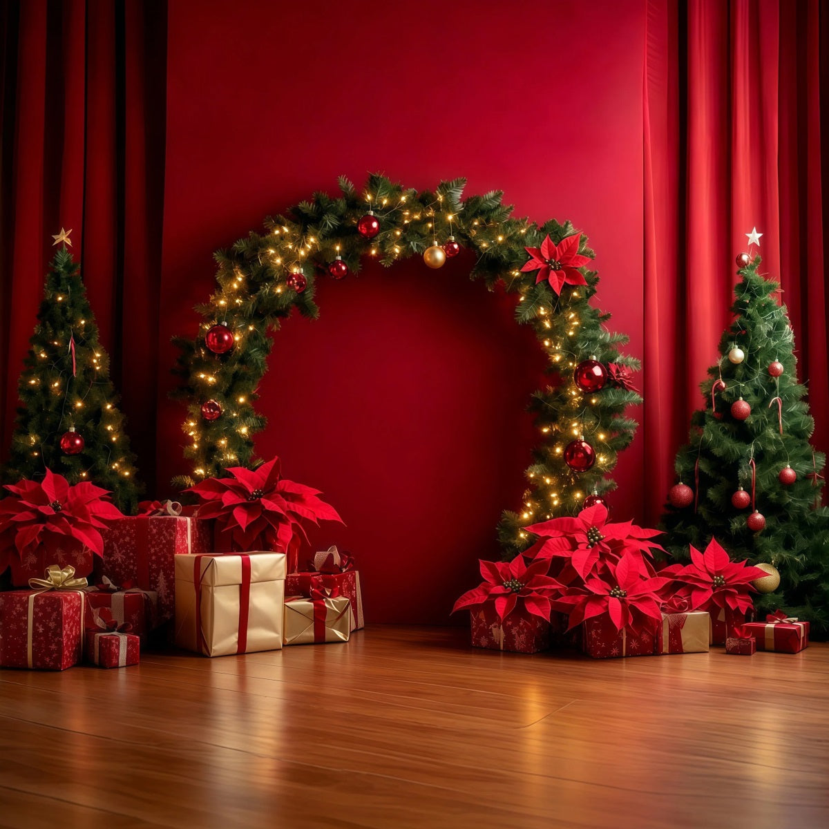 Roter Weihnachtshintergrund Weihnachtsstern-Girlandenbogen-Display Weihnachtshintergründe RR69-105