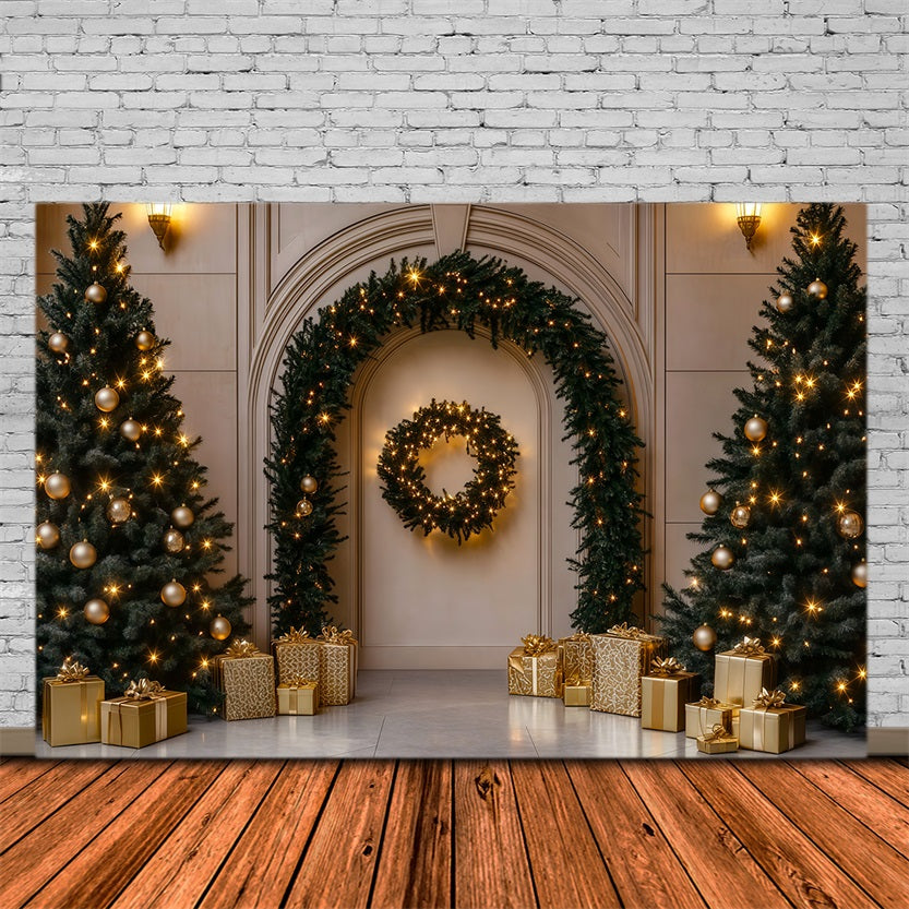 Weihnachtsschmuck-Hintergrund Goldener Bogenbaum Als Geschenk Weihnachts-Fotografie-Hintergründe RR69-107