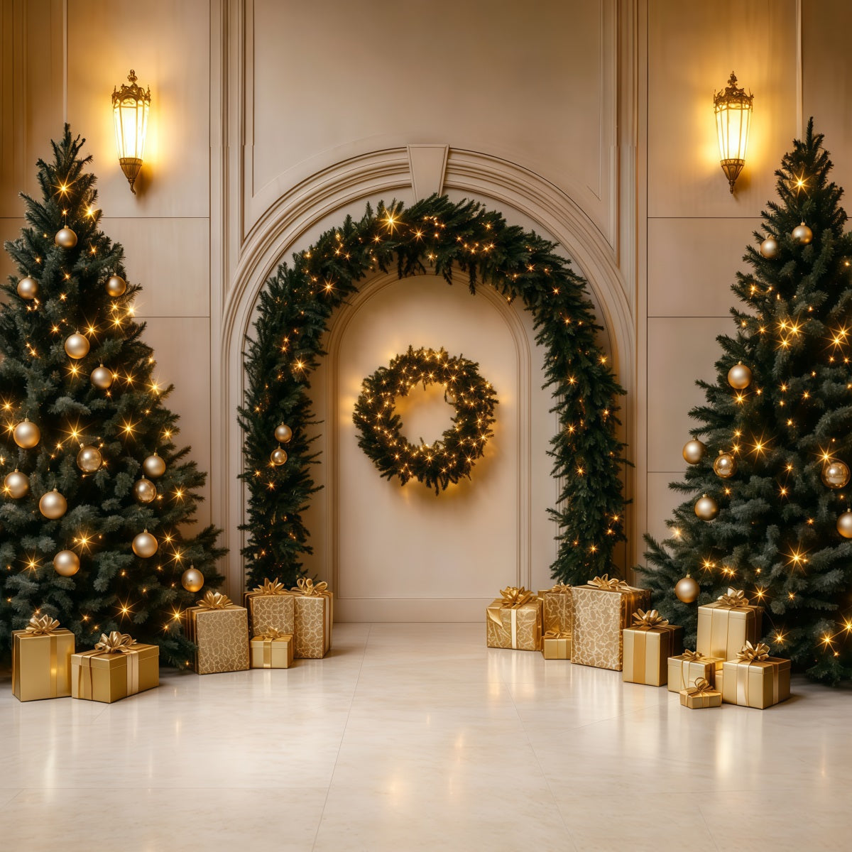 Weihnachtsschmuck-Hintergrund Goldener Bogenbaum Als Geschenk Weihnachts-Fotografie-Hintergründe RR69-107