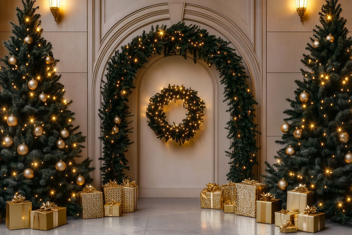 Weihnachtsschmuck-Hintergrund Goldener Bogenbaum Als Geschenk Weihnachts-Fotografie-Hintergründe RR69-107