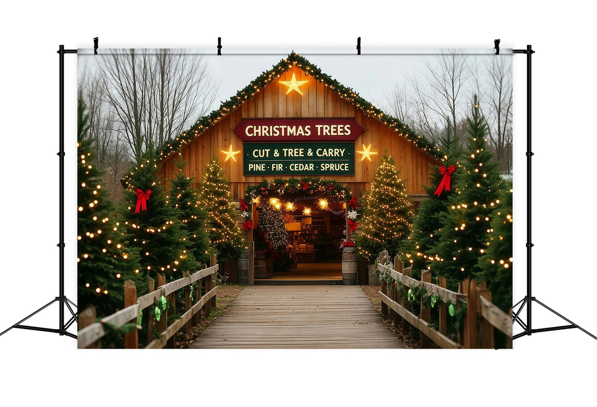 Kulisse Für Eine Weihnachtsbaumfarm Eingang Mit Scheunentor Weihnachts-Wandhintergründe RR69-109