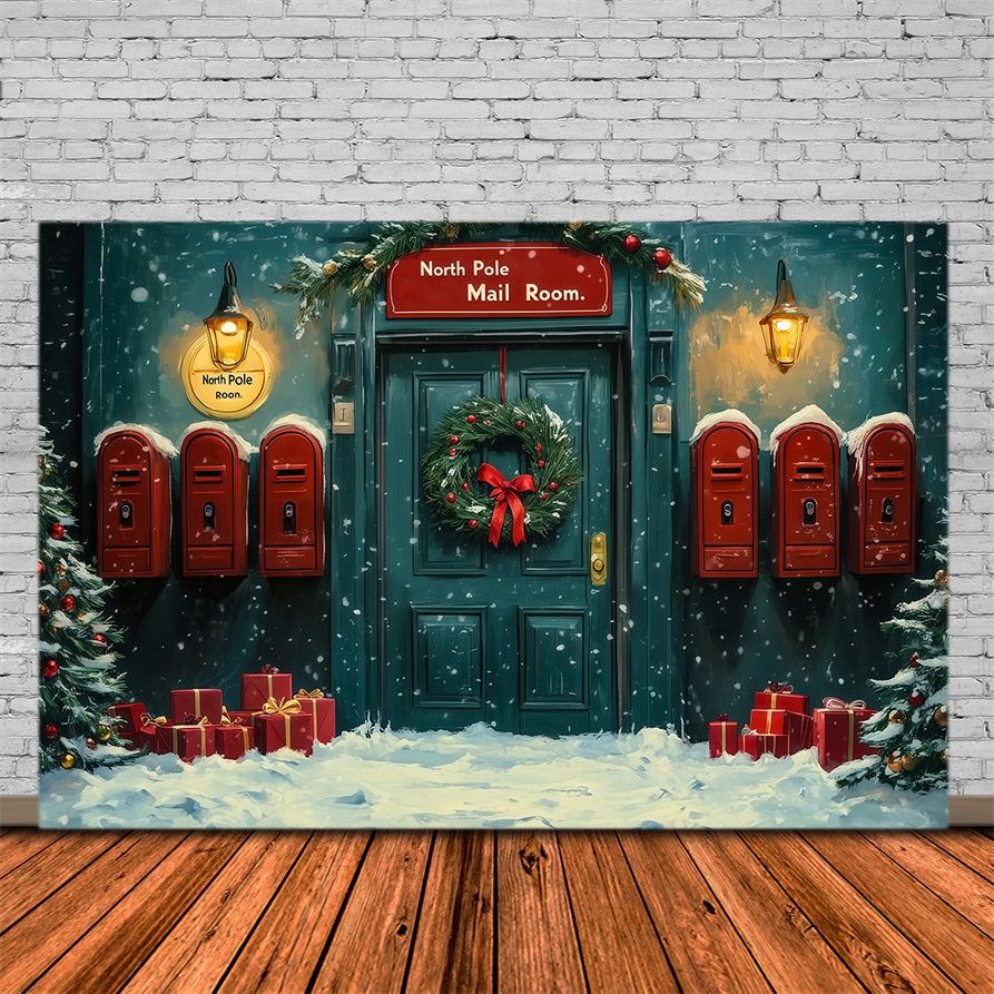 Weihnachtskulisse Nordpol Verschneite Postraumtür Weihnachts-Fotohintergründe RR69-14