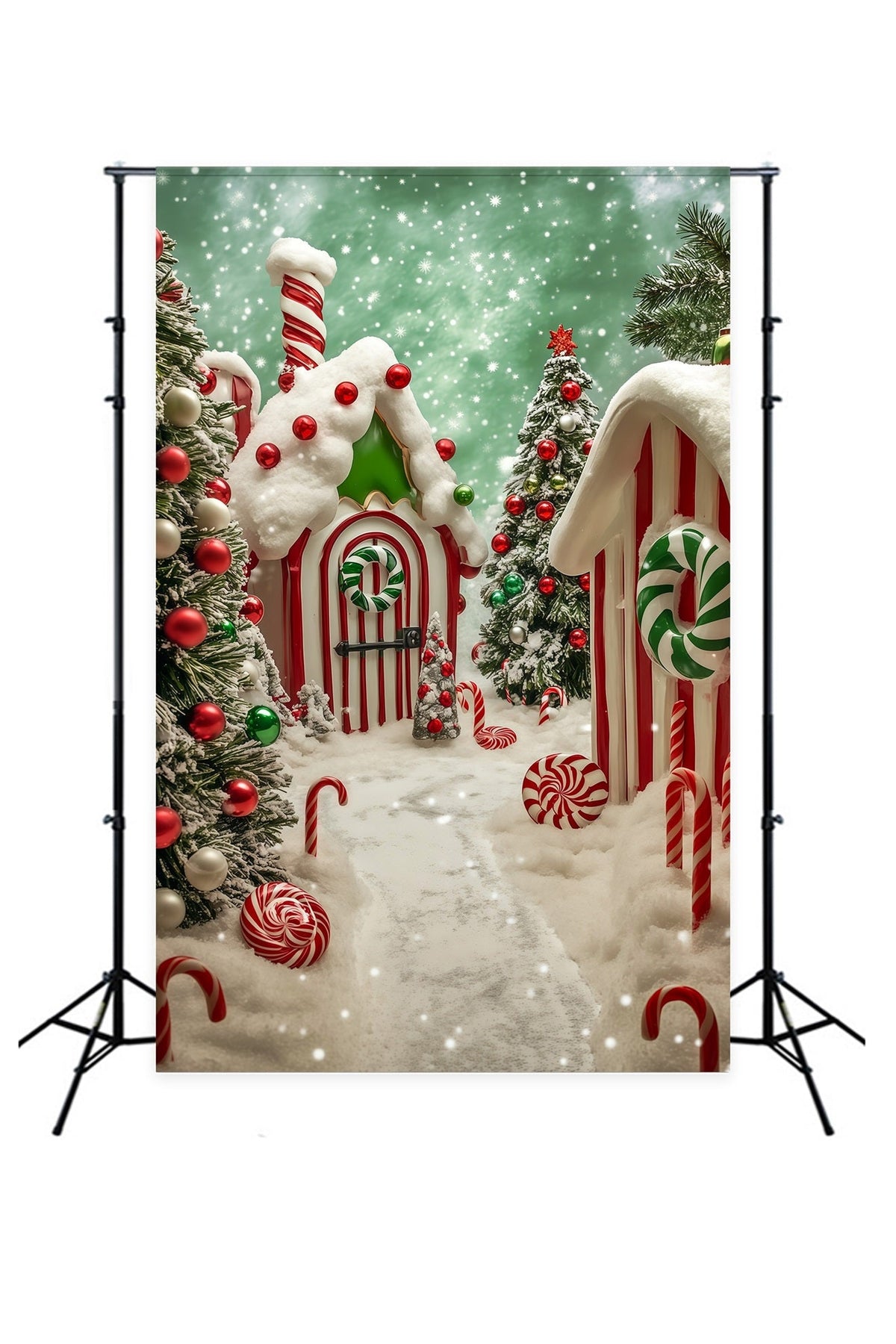 Weihnachtskulisse „Candyland“ Schneebedecktes Lebkuchendorf Weihnachtsfotohintergrund RR69-17