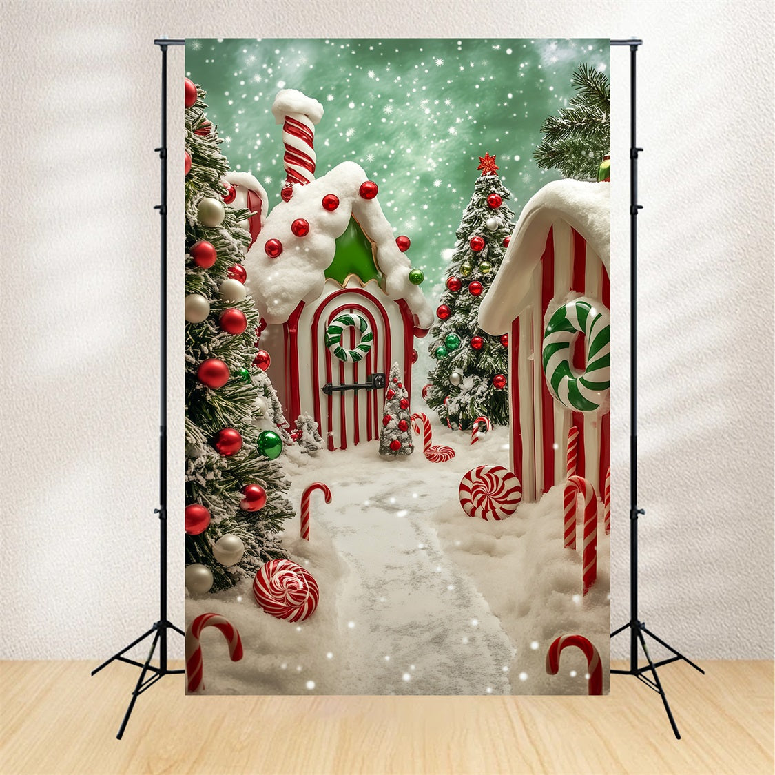 Weihnachtskulisse „Candyland“ Schneebedecktes Lebkuchendorf Weihnachtsfotohintergrund RR69-17