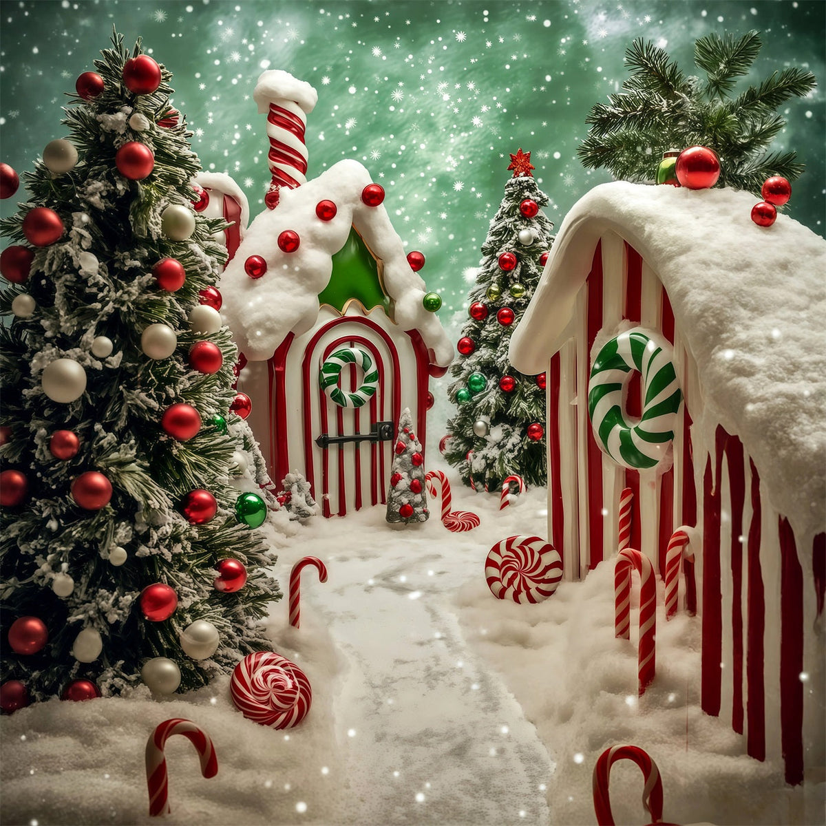Weihnachtskulisse „Candyland“ Schneebedecktes Lebkuchendorf Weihnachtsfotohintergrund RR69-17