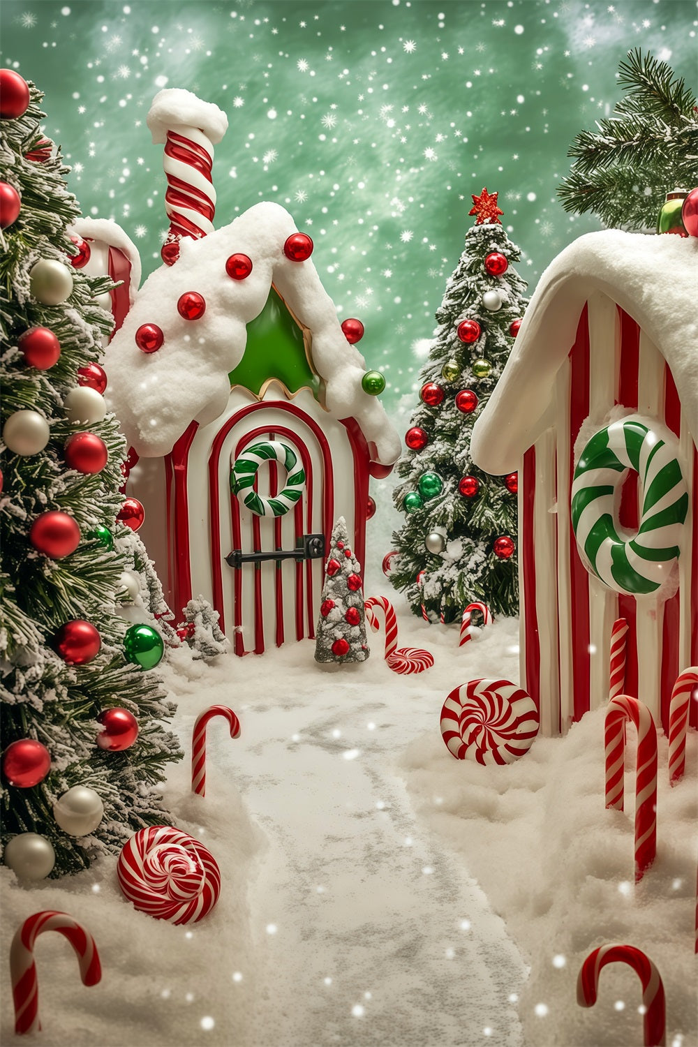 Weihnachtskulisse „Candyland“ Schneebedecktes Lebkuchendorf Weihnachtsfotohintergrund RR69-17