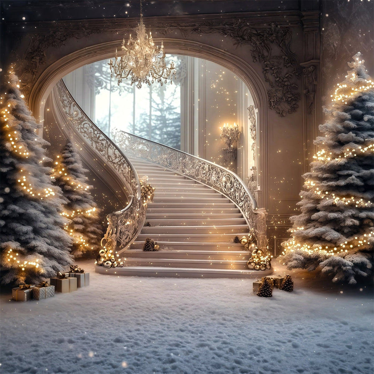 Große Weihnachtskulisse Funkelnder Glanz Der Großen Treppe Weihnachtshintergrund RR69-2