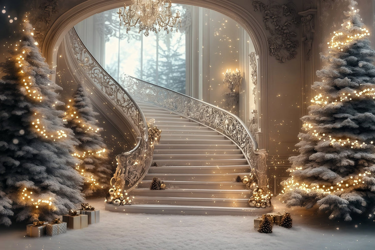 Große Weihnachtskulisse Funkelnder Glanz Der Großen Treppe Weihnachtshintergrund RR69-2