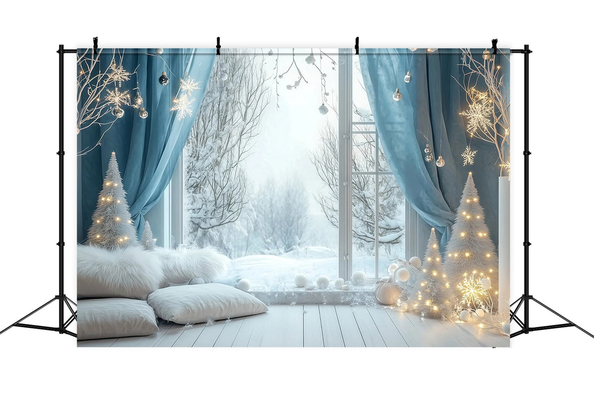 Weihnachtsbeleuchtung-Hintergrund Schlafzimmer Mit Schneeblauem Fenster Studio-Weihnachtskulissen RR69-24