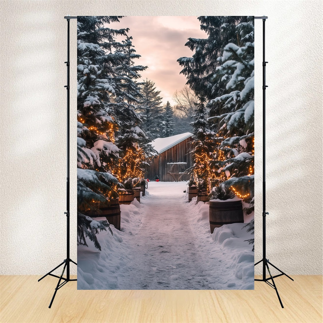 Weihnachtshütten-Kulisse Lichtpfad Im Verschneiten Wald Weihnachtsstudio-Hintergrund RR69-25