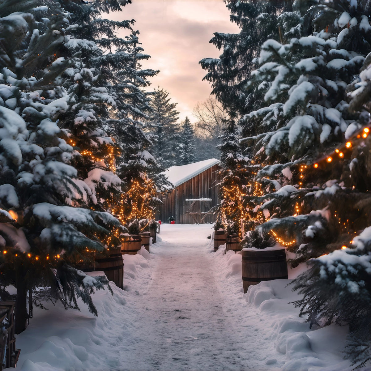 Weihnachtshütten-Kulisse Lichtpfad Im Verschneiten Wald Weihnachtsstudio-Hintergrund RR69-25