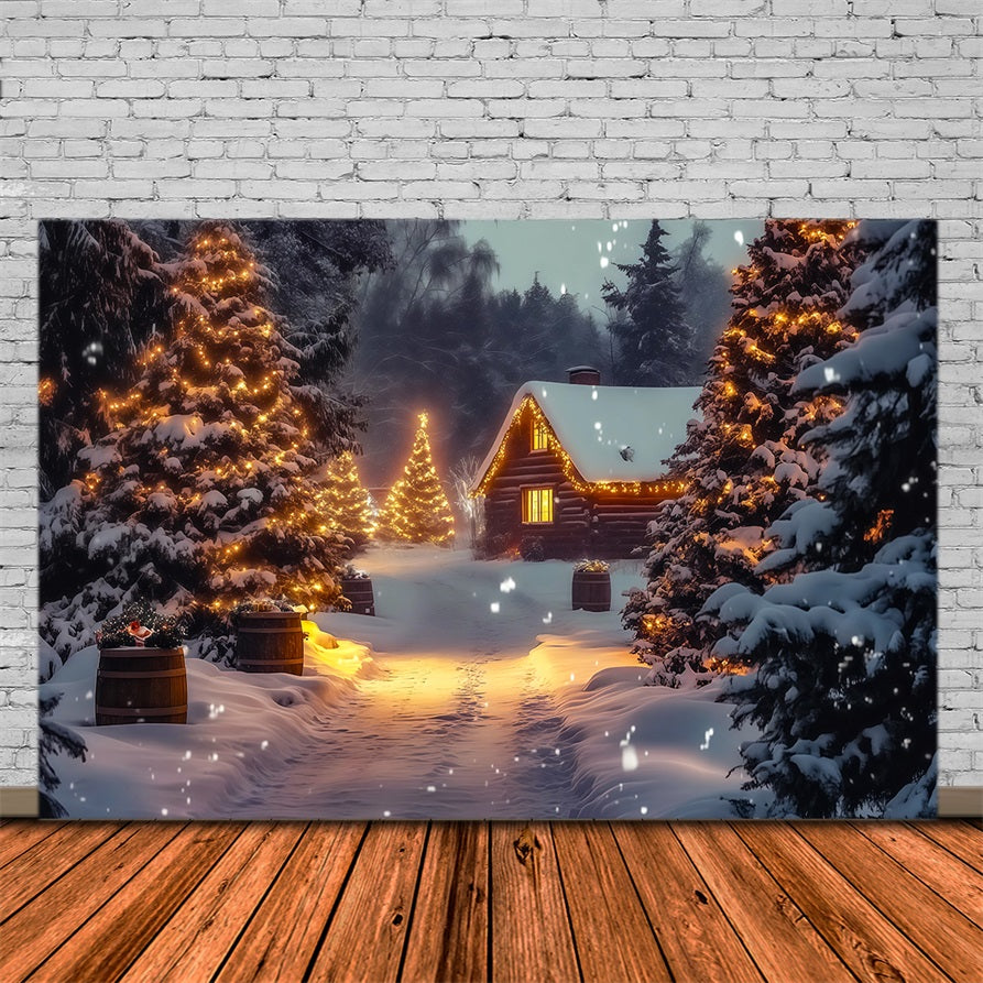 Winterliche Weihnachtskulisse Gemütliche Hütte Im Kiefernholz-Look Weihnachts-Musselin-Hintergrund RR69-26