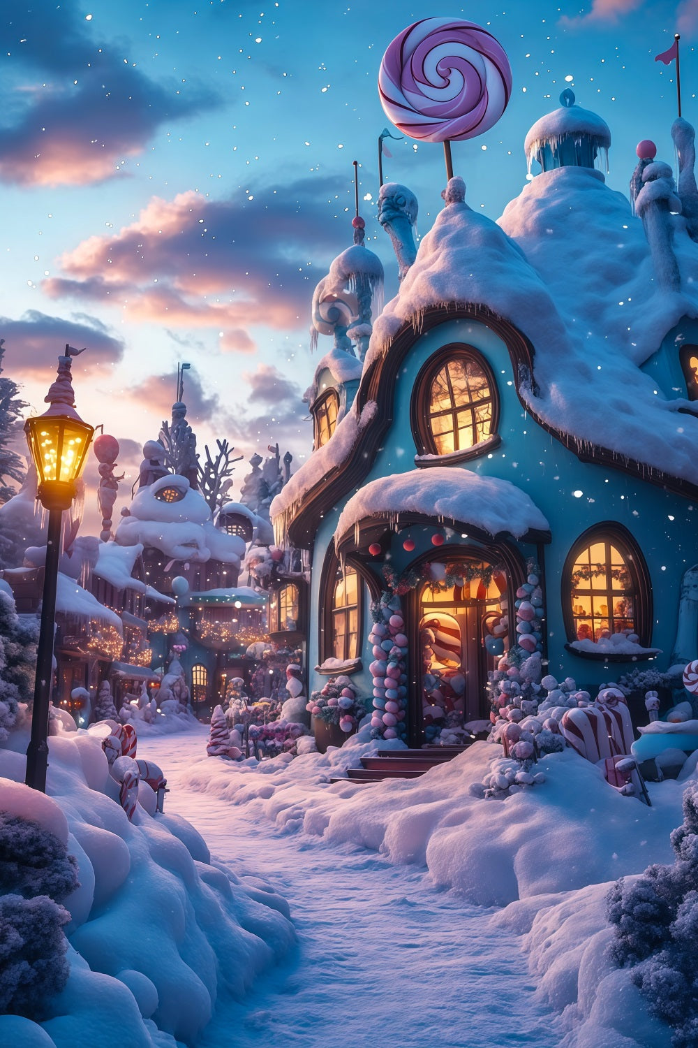 Weihnachtsdorf-Kulisse Candyland Schneehütte Weihnachtshintergründe Für Den Innenbereich RR69-28