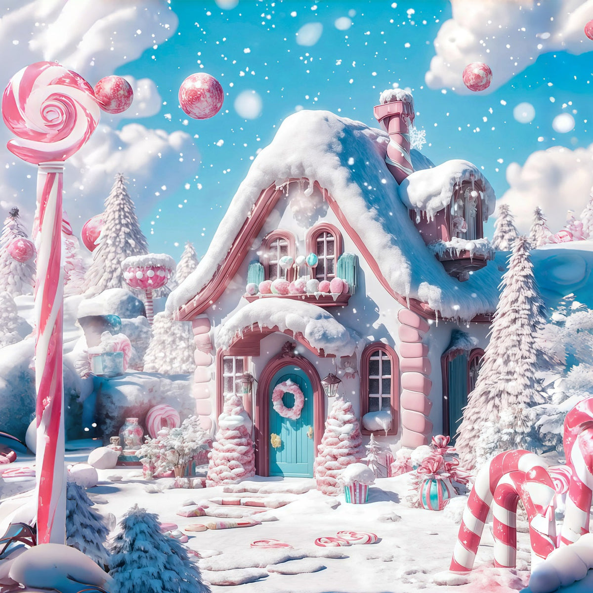 Weihnachtskulisse Candyland Schneerosa Bonbon-Häuschen Professionelle Weihnachtskulisse RR69-29