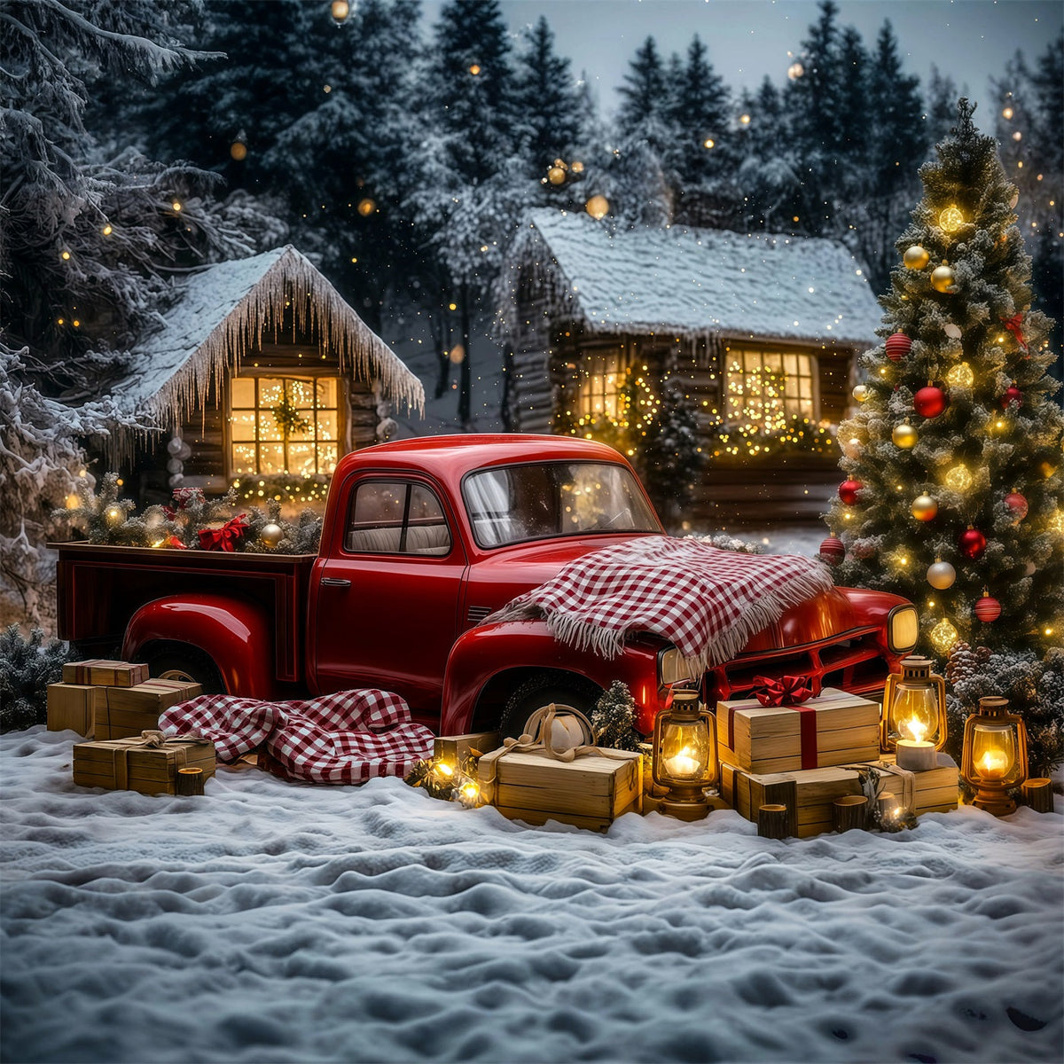 Weihnachtstruck-Hintergrund Oldtimer-Waldhütte Musselin-Hintergrund Weihnachten RR69-32