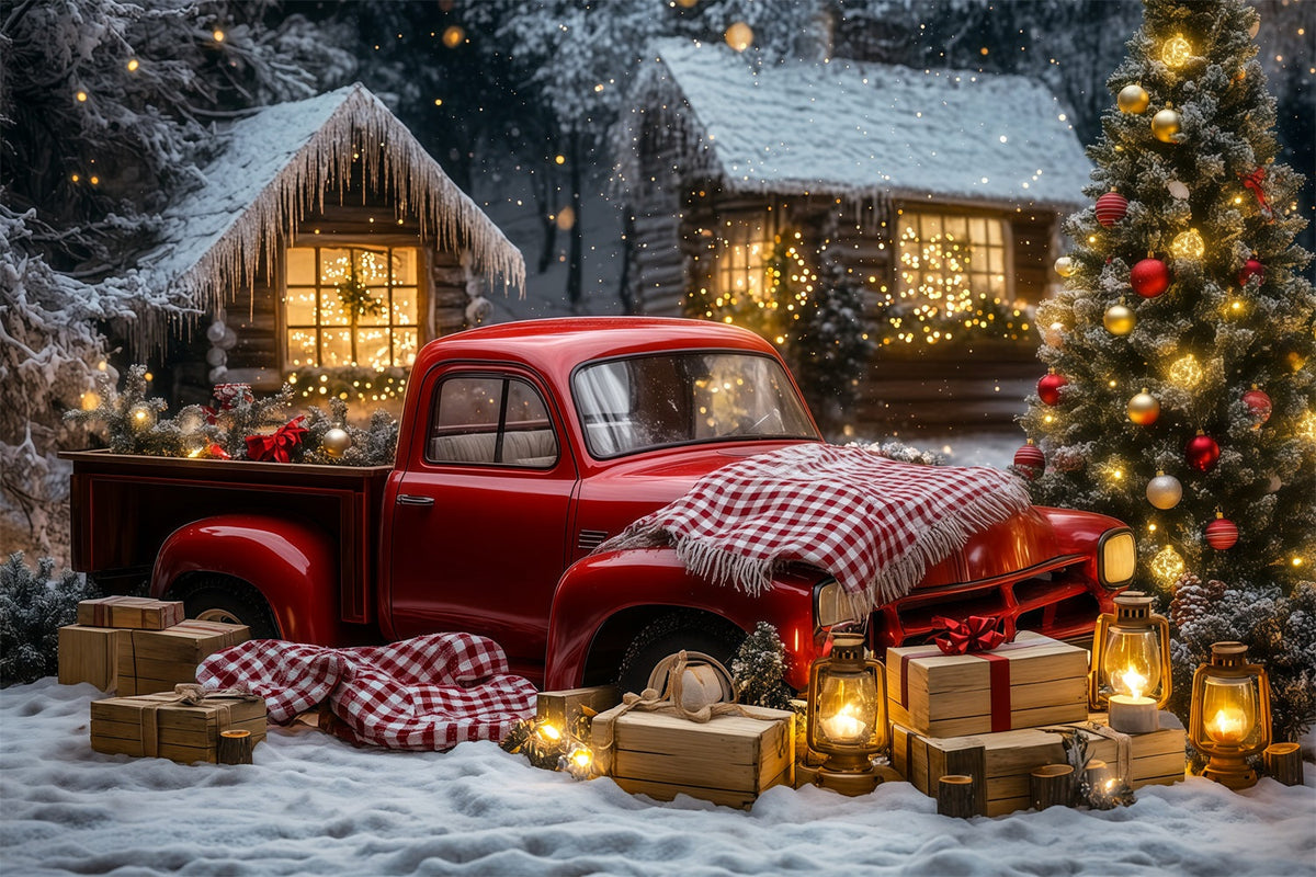 Weihnachtstruck-Hintergrund Oldtimer-Waldhütte Musselin-Hintergrund Weihnachten RR69-32