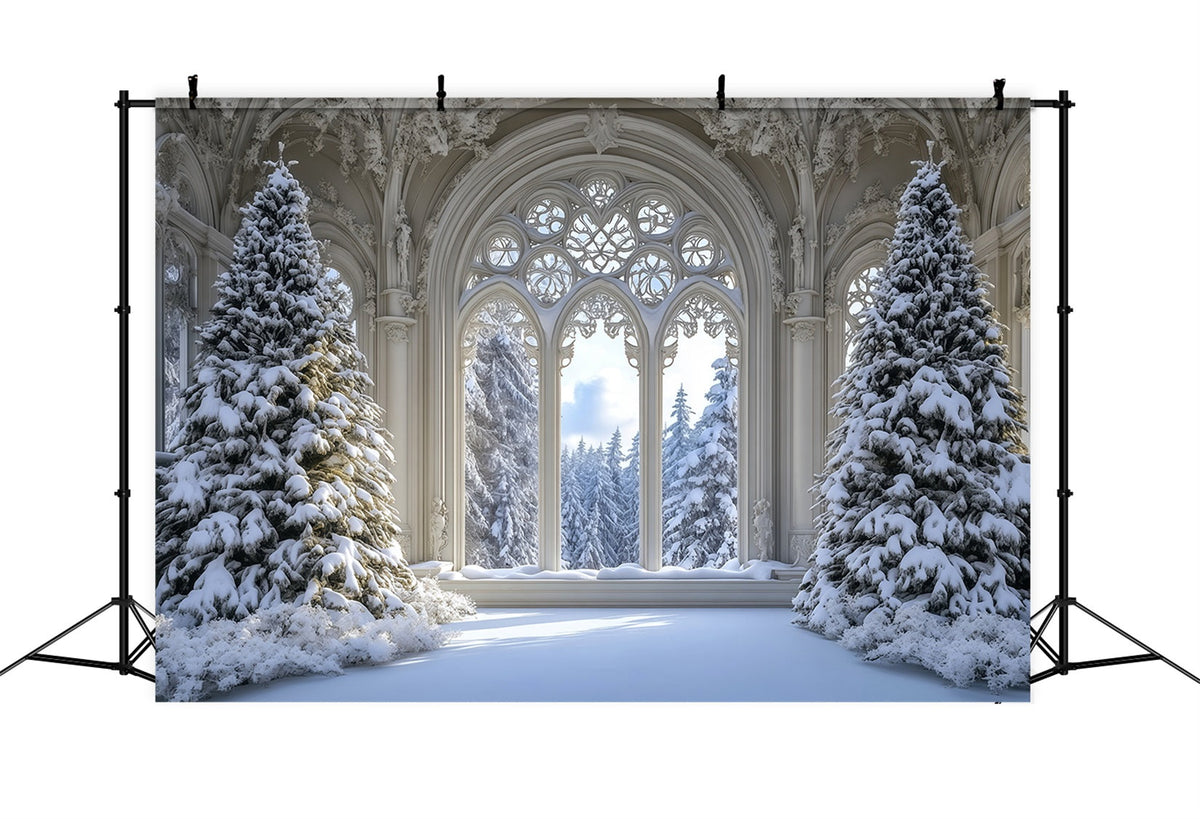 Weihnachtsbaum-Hintergrund Verschneiter Gotischer Fensterwald Weihnachtskulisse RR69-35